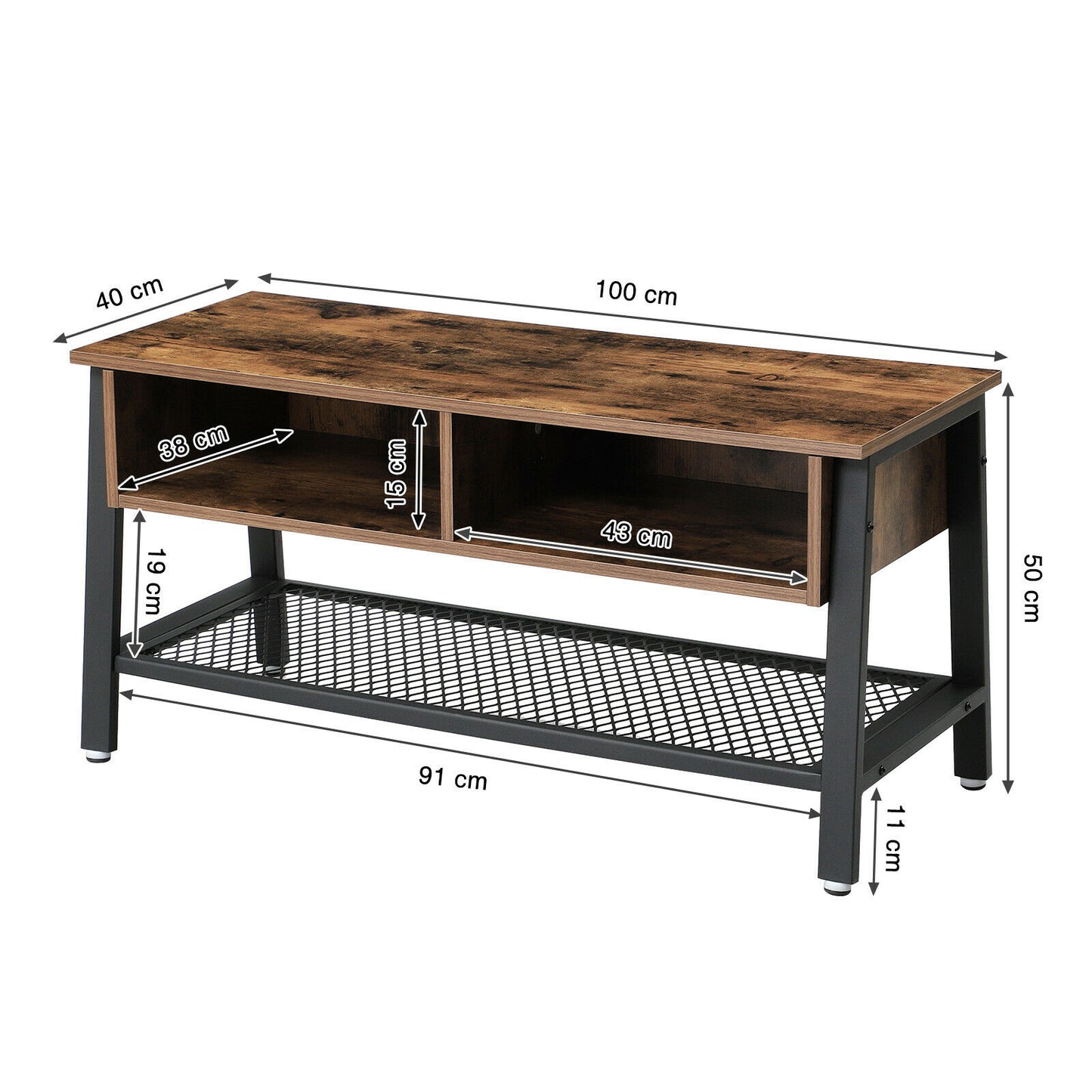 TV Stand, Industrial TV Cabinet with Mesh Storage Shelf, Coffee Table