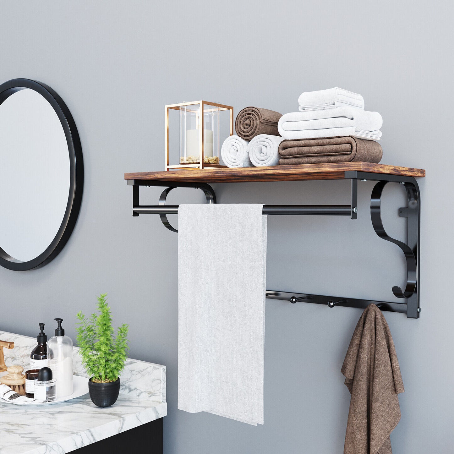 Coat Rack Shelf Wall Mounted Hook Rack Shelf with 5 Hooks Hanging Rail