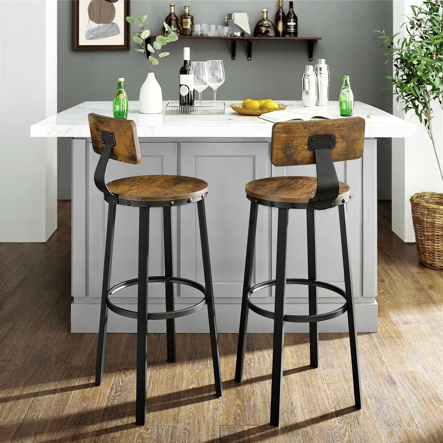 Set of 2 Tall Bar Stools, Bar Chairs with Backrest, Kitchen Stools, Breakfast