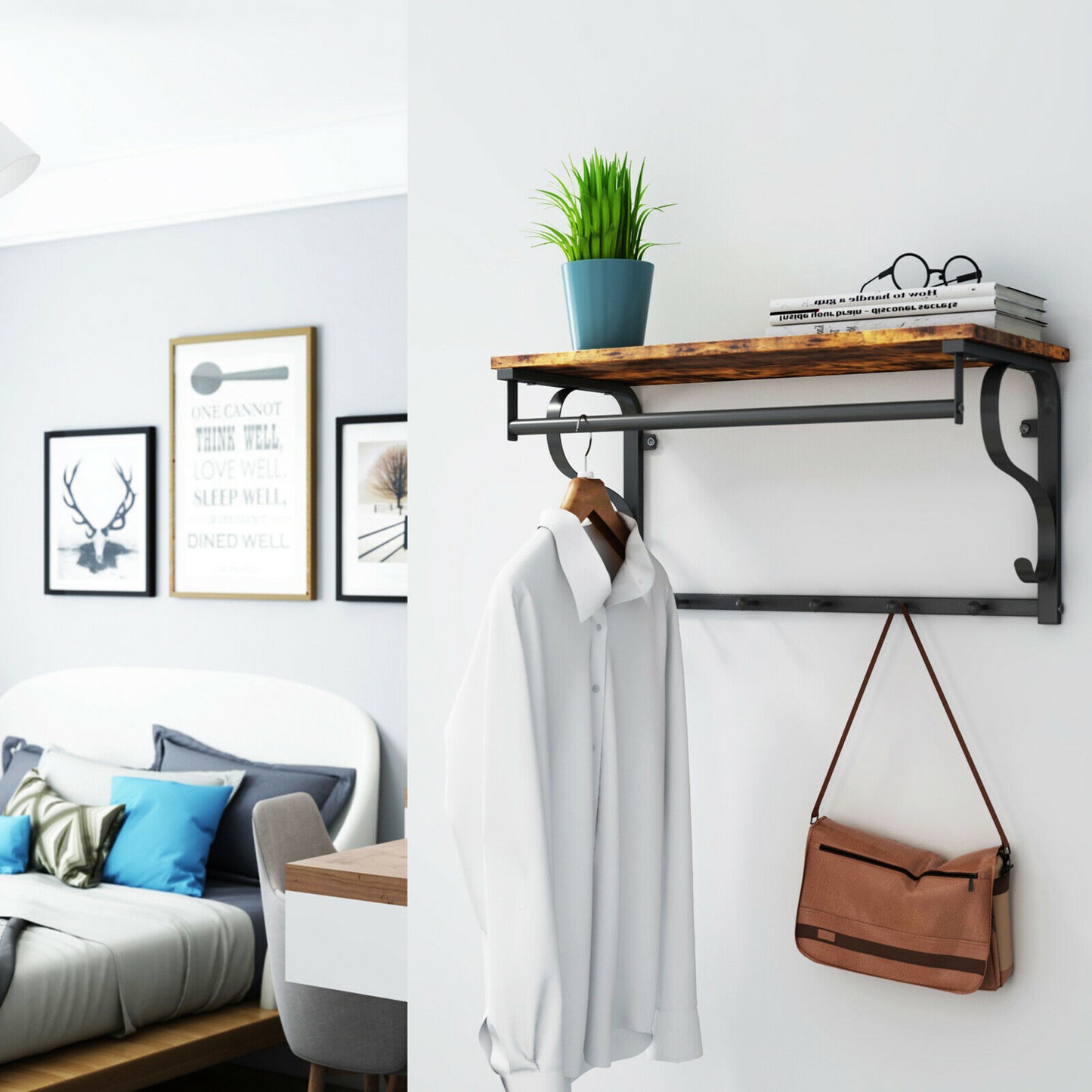 Coat Rack Shelf Wall Mounted Hook Rack Shelf with 5 Hooks Hanging Rail