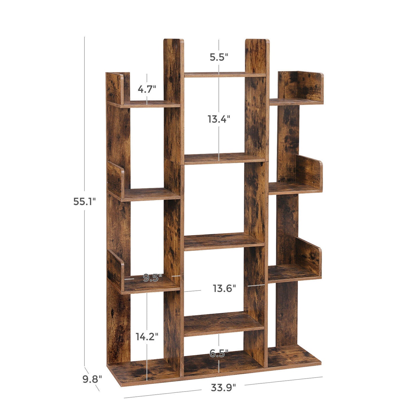 Industrial Style Bookshelf Tree-Shaped Bookcase 13 Storage Shelves Rounded Corners