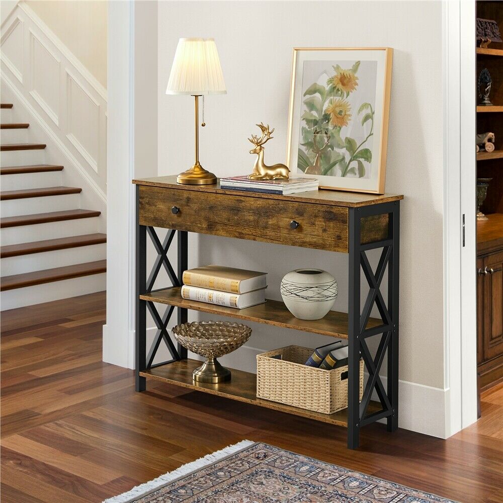 3-Tier Vintage Console Table w/ Drawer & Shelves Hallway Furniture, Rustic Brown