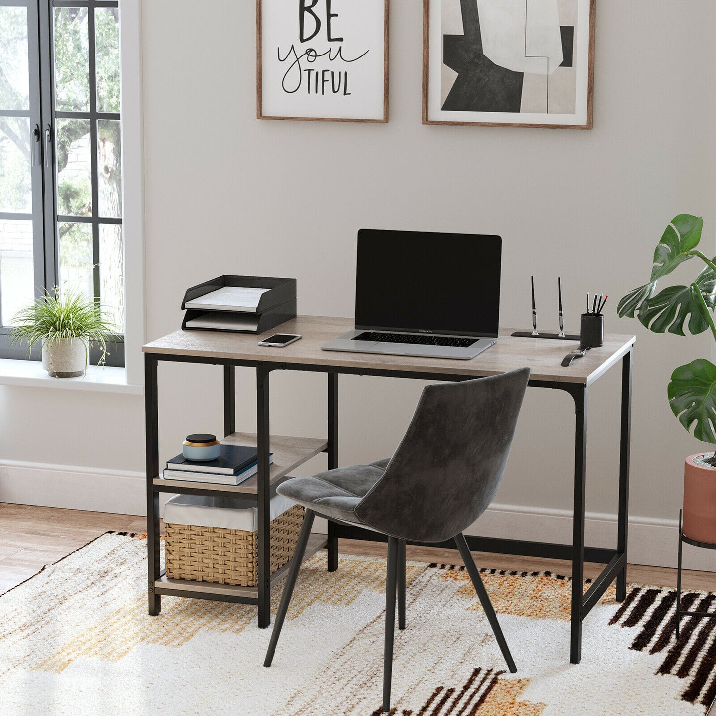 Greige Computer Desk with 2 Shelves