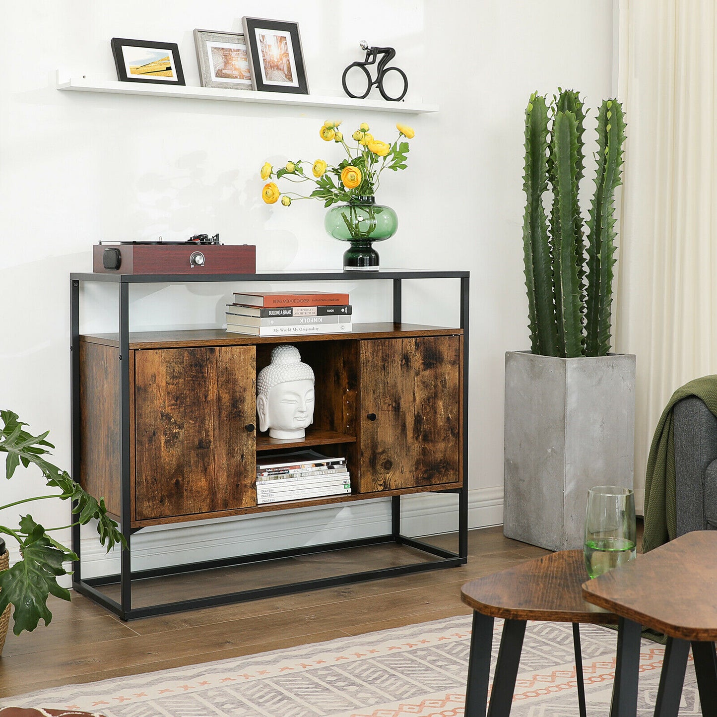 Side Cabinet, Sideboard Storage Cabinet with Glass Surface