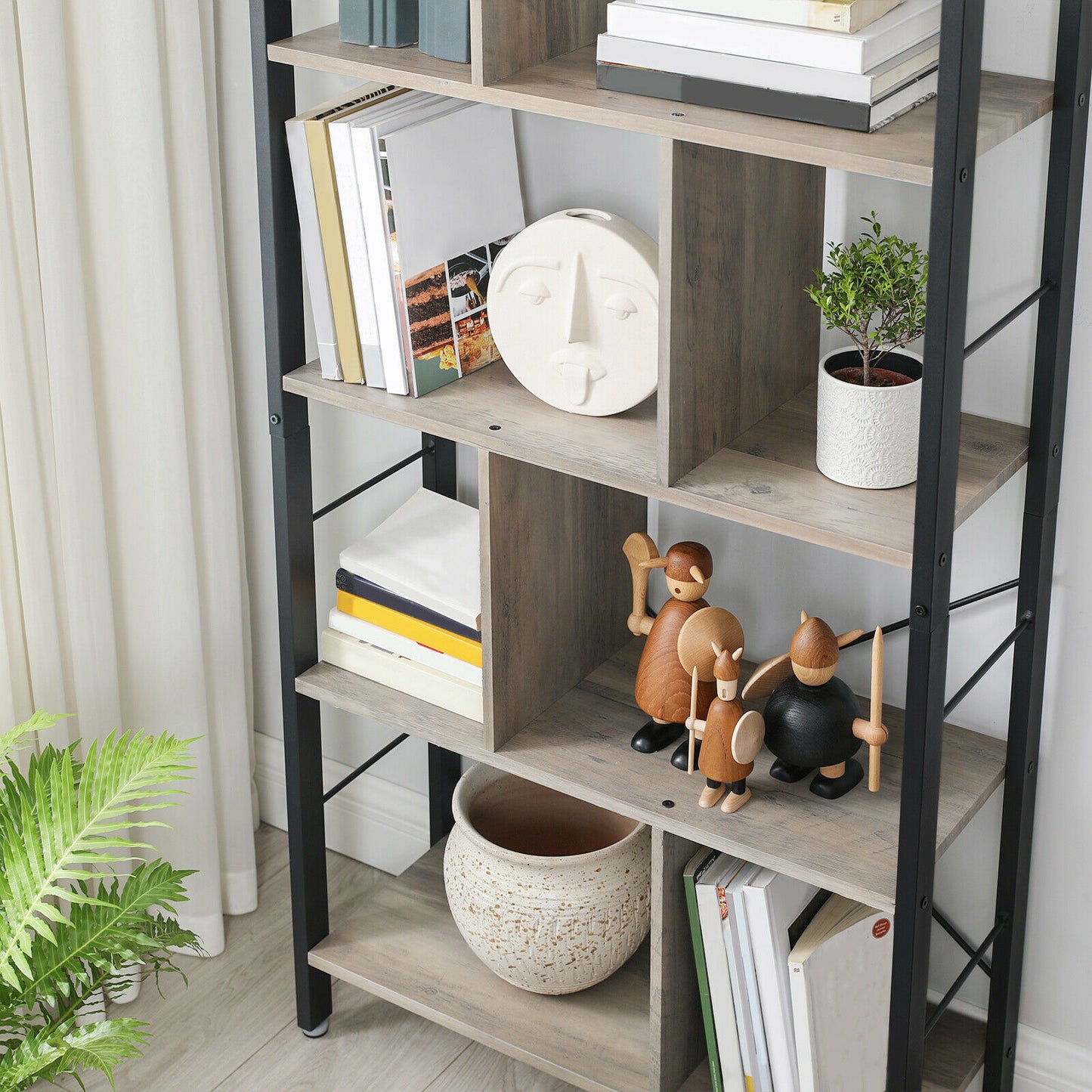 Bookshelf,Bookcase,Large 4-Tier Storage Shelf,Greige and Black