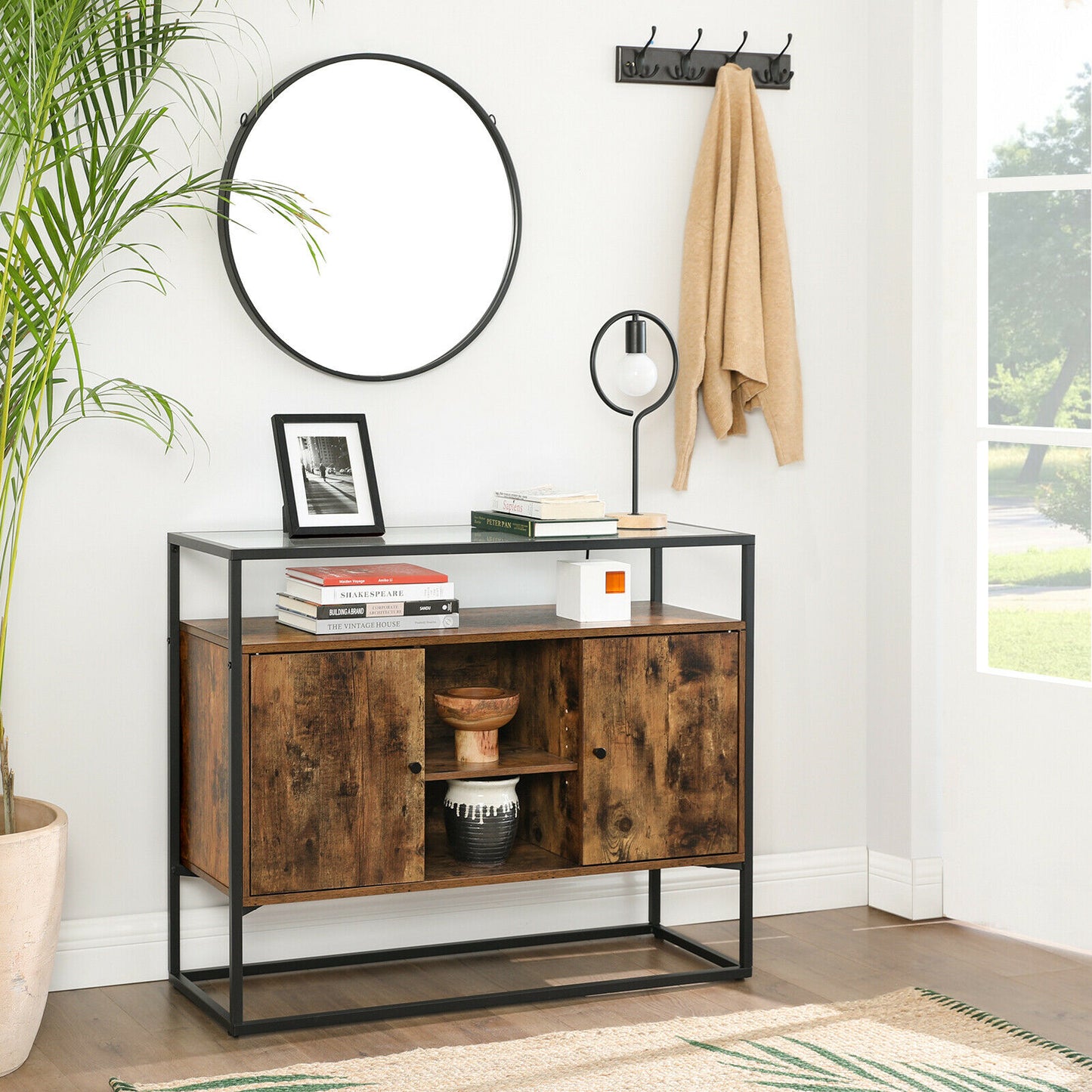 Side Cabinet, Sideboard Storage Cabinet with Glass Surface