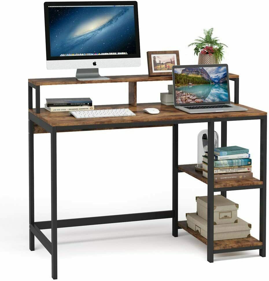 Industrial Style Computer Desk With Monitor Stand And Steel Frame Home Office